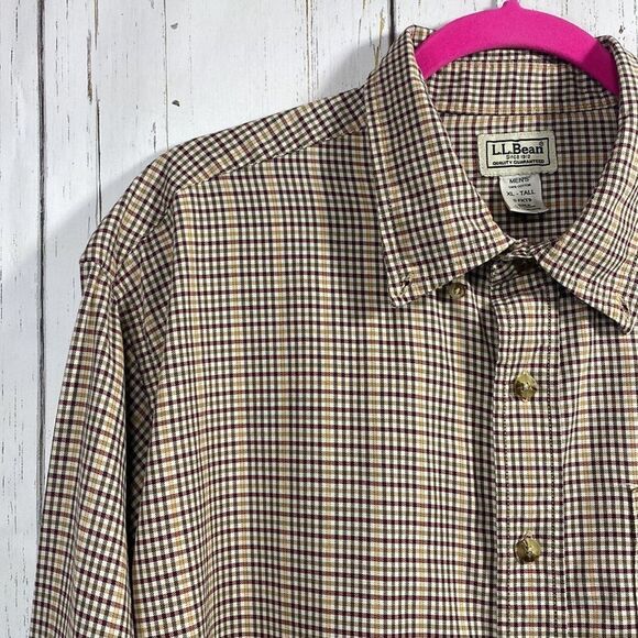 LL Bean Button Up Shirt Men XL Tall Brown Plaid Long Sleeve - Picture 2 of 16